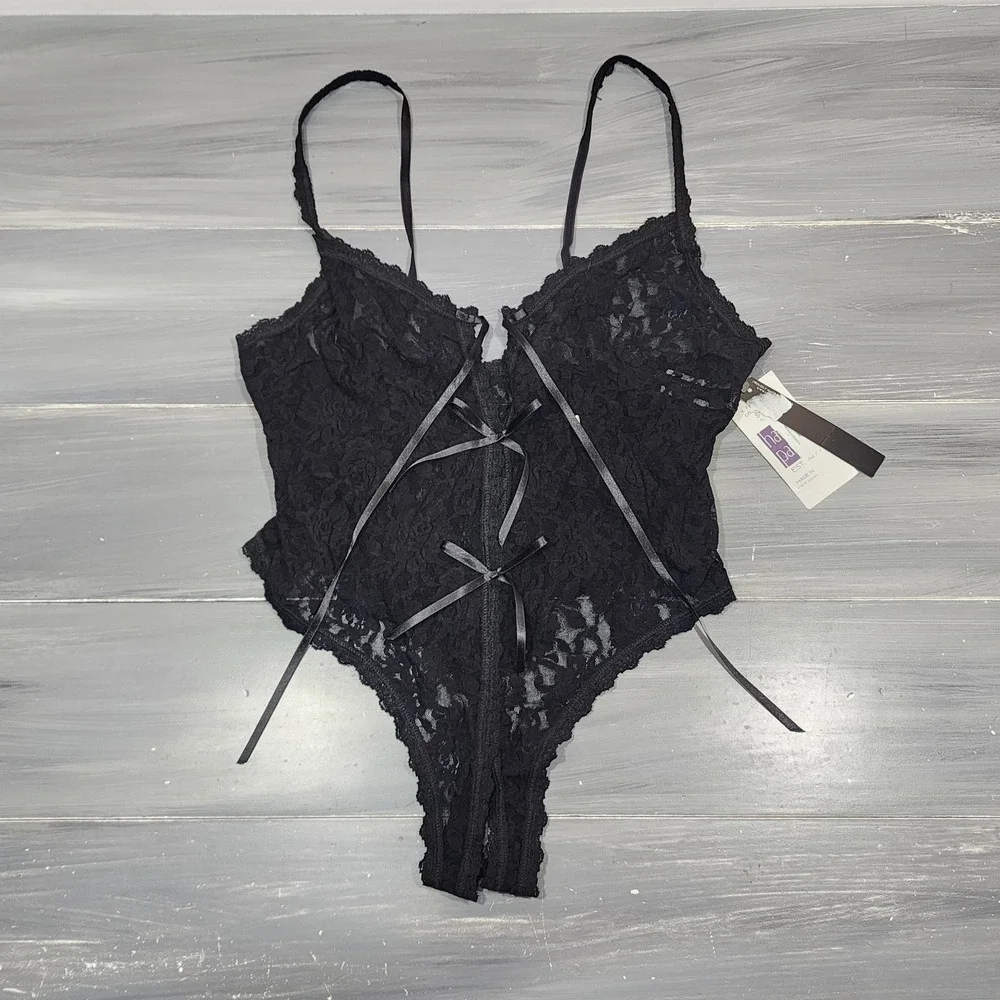 Hanky Panky After Midnight Black Lace Teddy Bodysuit Front Tie Large